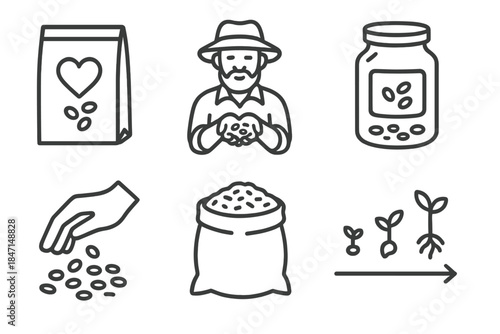 Heritage Seed Icons. Line style icons of Heritage Seed Saving: seed packet with heart icon, traditional farmer holding seeds,