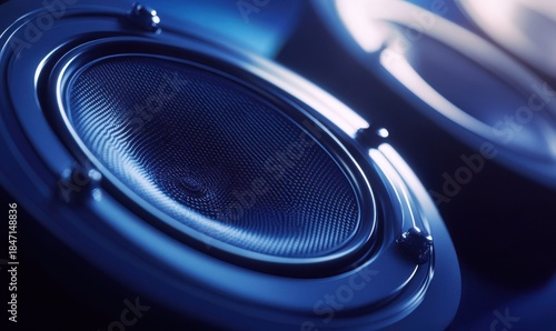 Speaker cone close-up in blue light, emphasizing audio equipment.