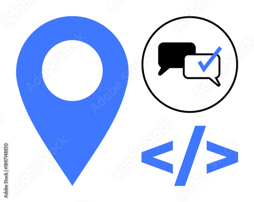 Blue geolocation pin, message bubbles with a checkmark, and coding tags symbolizing technology, communication, collaboration, navigation, verification, programming and user interaction. Simple flat