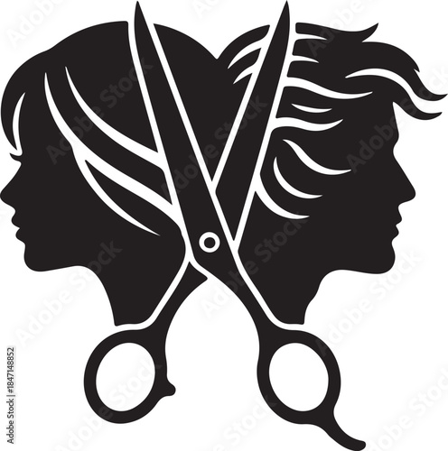 Hair salon logo with abstract male and female head profiles and crossed scissors, representing hairdressing, styling, and beauty services.