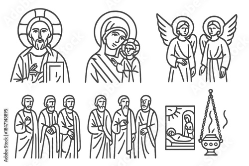 Religious Line Art Icons. Line style icons of Religious Themes in Art: Christ Pantocrator, Theotokos icon, angels with wings