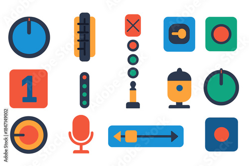 Minimalist Audio Control Icons. Flat vector icons of Mixing Console Controls: rotary knob, long-throw fader, mute switch, solo