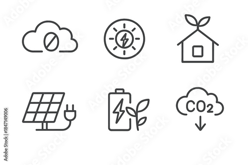 Solar Energy Icons. Line style icons of Environmental Benefits of Solar: zero emissions cloud, clean energy symbol, sustainable