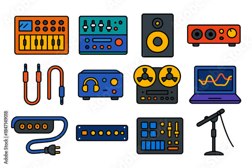 Minimalist Studio Icons. Flat vector icons of Studio Setup: synthesizer rack, mixing desk, monitor speaker, audio interface, patch