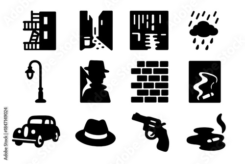 Noir City Icons. Solid style icons of Noir Cityscape: Fire Escape, Alleyway, Neon Reflection, Rain, Streetlamp, Shadowed Figure,