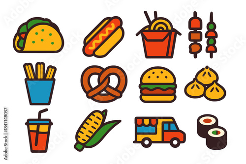 Street Food Icons. Flat vector icons of Street Food Market: taco, hot dog, noodle box, kebab skewer, churros, pretzel, burger,