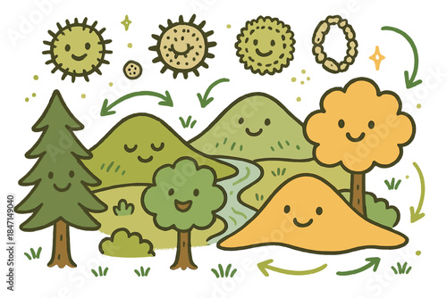 Joyful Paleoecology Doodle. Playful doodle paleoecology scene with happy trees, cartoon fossil pollen floating, cheerful