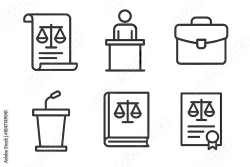 Legal Authority Symbols. Line style icons of Legal Authority and Standing: constitution scroll, standing figure in court, legal