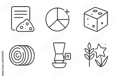 Animal Nutrition Icons. Line style icons of Animal Nutrition Management: feed ration icon, balanced nutrient pie chart, mineral