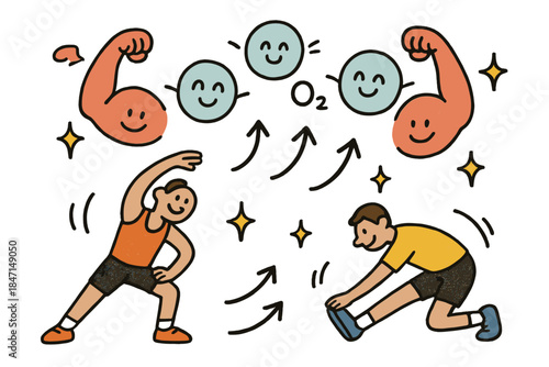 Resilient Runners and Muscles. Playful doodle recovery and adaptation illustration with happy muscles, cartoon runners stretching,