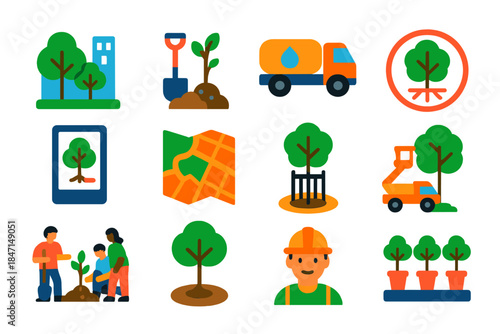 Urban Forestry Icons. Flat vector icons of urban forestry management: city park trees, tree planting shovel, watering truck, root