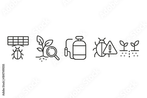 Pest Management Icons. Line style icons of Pest Management: insect trap, crop damage inspection, pesticide sprayer, pest alert
