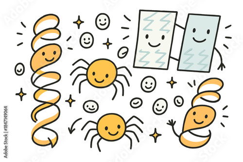 Happy Molecular Doodles. Playful doodle molecular structure illustration with happy silk proteins, cartoon helices and sheets