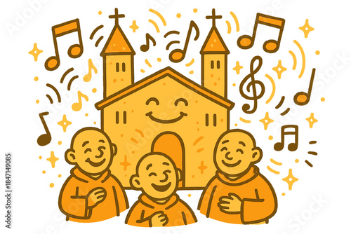 Joyful Temple Acoustics. Cheerful doodle intentional sound design in temples with happy monks or priests, cartoon acoustic symbols