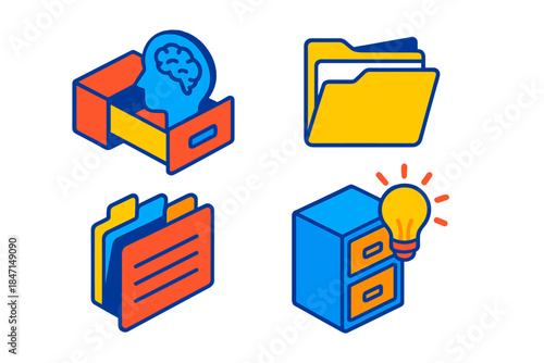 Mental Filing System Icons. Isometric vector illustration set Mental Filing System: Thought drawer, memory folder, index tab, idea