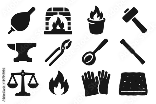 Historical Metallurgy Icons. Solid style icons of historical metallurgical tools: bellows, forge, crucible, hammer, anvil, tongs,