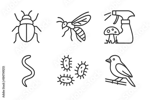 Biocontrol Line Icons. Line style icons of Biological Control: predatory beetle, parasitic wasp, fungus application, nematode,