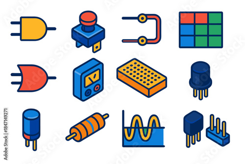 Analog Logic Essentials. Isometric vector illustration set Analog Logic: NAND logic gate, push button switch, wiring circuit,