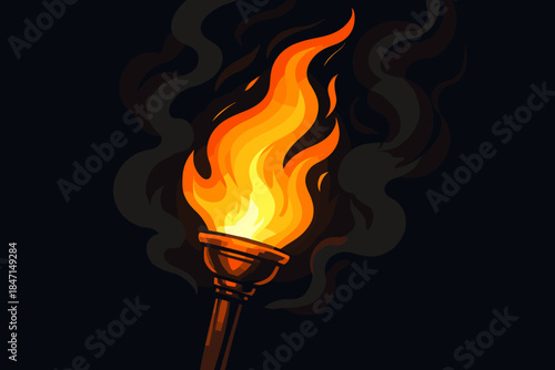 Torch Flame Drama. Dynamic torch flame glowing against a dark backdrop, vector illustration swirling smoke adding drama and motion