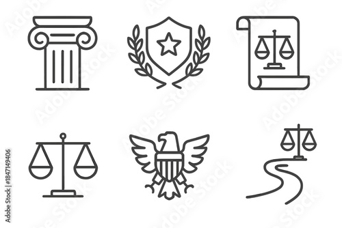 Legal Foundations Icons. Line style icons of Legal System Foundations: justice column, civic duty emblem, rule of law scroll,