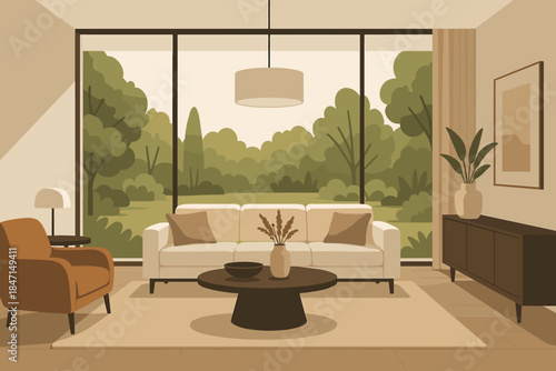 Minimalist Luxe Living Room. Luxurious modern living room vector illustration with large windows overlooking a green garden,