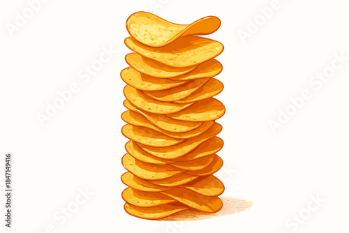 Golden Potato Chips. Towering stack of crispy golden potato chips on a clean white background, sharp textures and warm tones,