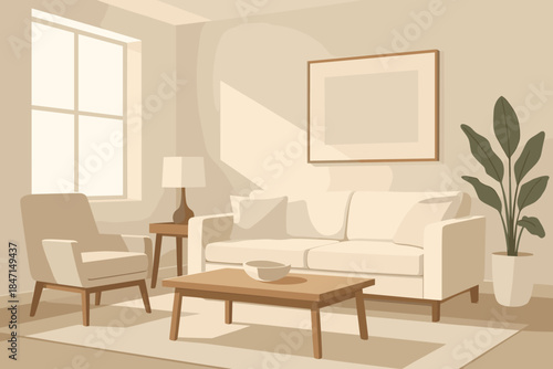 Minimalist Modern Living Room. Minimalist modern living room with clean lines, neutral tones, and vector illustration soft natural
