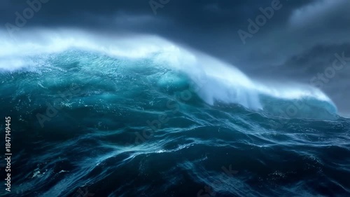 Large ocean wave building and breaking under a stormy sky for water resilience concept