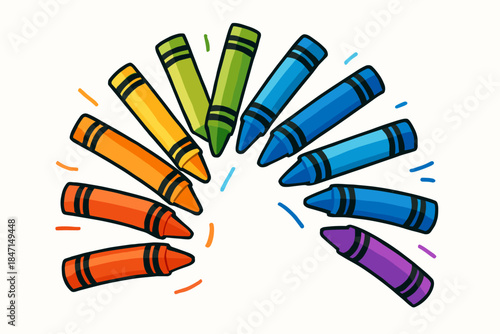 Colorful Crayon Arrangement. Playful rainbow arrangement of colorful crayons on a clean white background, cheerful and dynamic