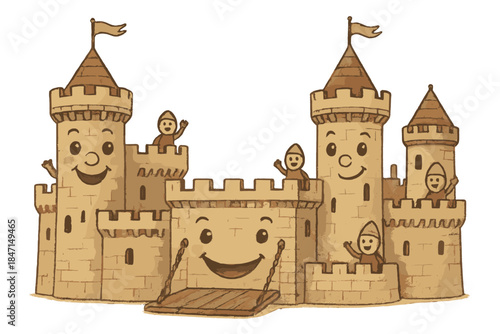 Whimsical Castle Faces. Castle architecture study with towers wearing faces, drawbridges smiling, and little guards waving from