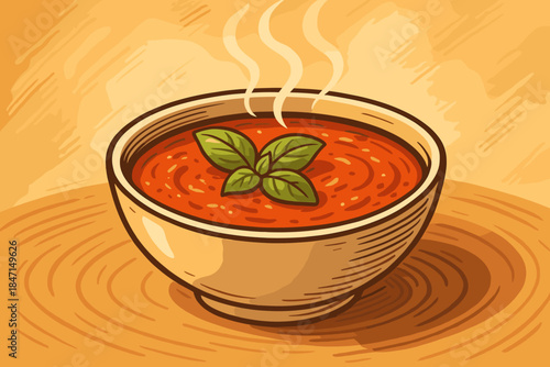 Tomato Soup Delight. Steaming bowl of rich tomato soup garnished with fresh basil leaves, warm natural lighting, inviting and