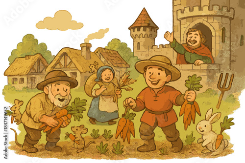 Joyful Feudal Village. Feudal village scene with cheerful farmers, tiny animals helping with crops, and a friendly lord waving