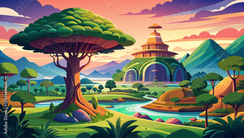 Panoramic scenic landscape featuring the Giant Monkey Pod Tree, a famous natural landmark and tourist attraction in Kanchanaburi, Thailand, surrounded by lush greenery under warm summer light