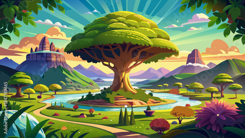 Panoramic scenic landscape featuring the Giant Monkey Pod Tree, a famous natural landmark and tourist attraction in Kanchanaburi, Thailand, surrounded by lush greenery under warm summer light