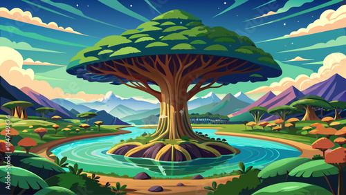 Wide panoramic view of the iconic Giant Monkey Pod Tree in Kanchanaburi, Thailand, showcasing a breathtaking natural attraction set within vibrant green scenery and clear seasonal atmosphere