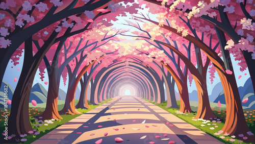 Enchanting spring landscape of a pink blossom tree tunnel in South Korea, with flowering branches arching overhead and petals creating a magical, peaceful walkway