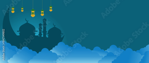 Islamic Mosque Silhouette Night Background with Lanterns and Crescent Moon