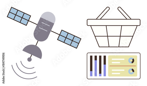 Satellite emitting signal waves, data analysis chart with bars and pie charts, and shopping basket. Ideal for technology, e-commerce, data management, innovation, market research, connectivity