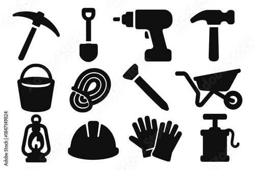 Mining Tools Icons. Solid style icons of Mining Tools: Pickaxe, Shovel, Drill, Hammer, Bucket, Rope, Chisel, Wheelbarrow, Lantern,