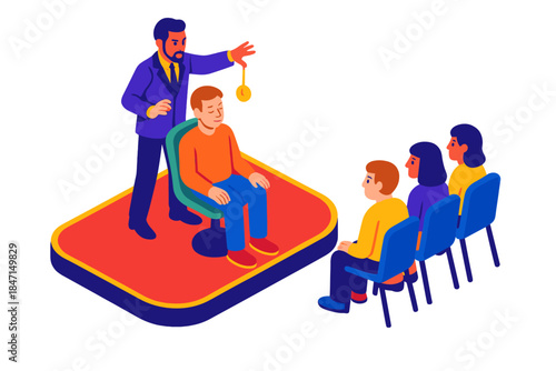 Mesmerizing Stage Performance. Isometric vector illustration set Public Demonstration Scene: Stage with mesmerist, hypnotized