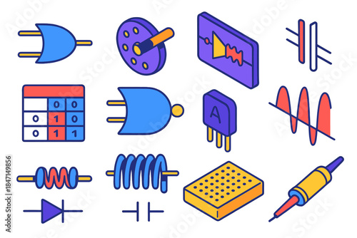Bright Analog Logic Icons. Isometric vector illustration set Analog Logic: XOR gate, rotary switch, analog circuit diagram, truth