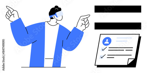 Person wearing AR headset gesturing to interact with virtual elements and documents. Ideal for technology, innovation, productivity, remote work, digital transformation, user interface, virtual