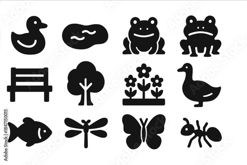 Park Life Icons. Solid style icons of Park Life: Duck, Pond, Turtle, Frog, Bench, Tree, Flower Bed, Goose, Fish, Dragonfly,
