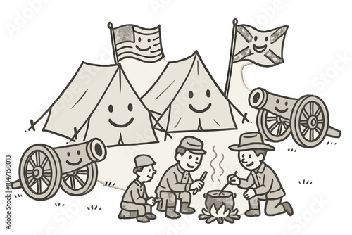 Cheerful Camp Scene. Friendly doodle Civil War camp with happy tents, simplified cannons smiling, characters cooking by a fire,