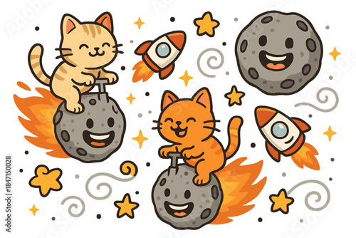 Cats on Meteor Scooters. Cats riding meteor scooters with grinning asteroids, swirling stars, and happy rocket trails No text, No