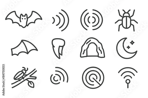 Echolocation Icons. Line style icons of Echolocation: Bat, Sound Wave, Echo, Prey Detection; Wings, Fang, Cave, Moon; Insect, Tree