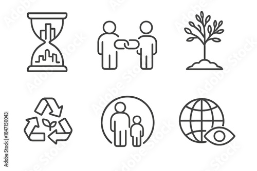 Long-Term Thinking Icons. Line style icons of Long-Term Thinking: hourglass with skyline, intergenerational link, far future tree,