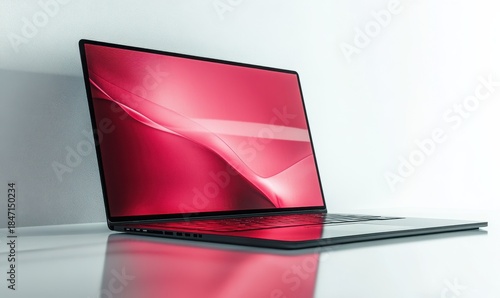 Modern laptop with a red motion blur effect across the screen, placed on a clean white surface, futuristic tech concept, soft ambient light, high contrast,