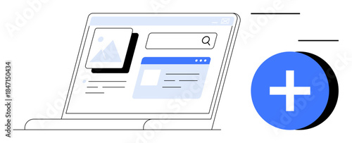 Website interface. Website showing multimedia content, a search bar, and an add button content creation. Website design tools, online editing, user-friendly platforms, and digital content creation