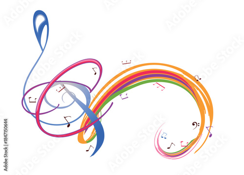 Abstract musical design with a treble clef and colorful splashes, notes and waves.  Colorful treble clef. Hand drawn vector illustration.